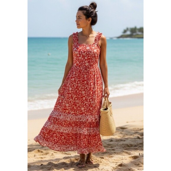 Women's Red Floral Tiered Maxi Dress Prairie Boho Cottagecore Country Romantic S - Picture 2 of 9